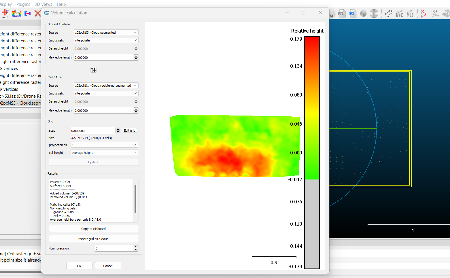 The volume calculation between the point clouds.